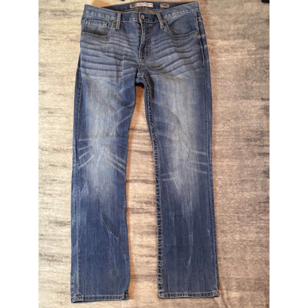BKE Derek Straight Mens Medium Wash Blue Whiskered Denim Jeans 34R 35x32